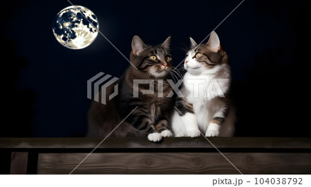couple of adorable cats sitting on fence in front of full moon night sky, neural network generated image 104038792