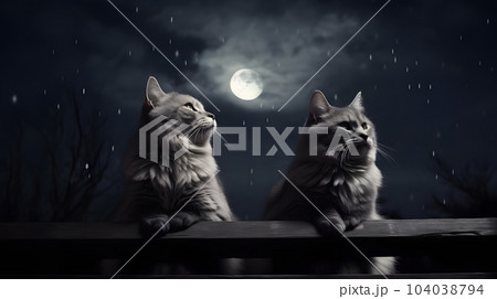 couple of adorable cats sitting on fence in front of full moon night sky, neural network generated image 104038794