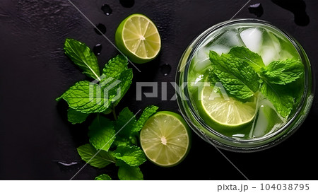 Top view of refreshing mint cocktail mojito in a glass on black background with lime, mint leaves and ice, neural network generated image 104038795