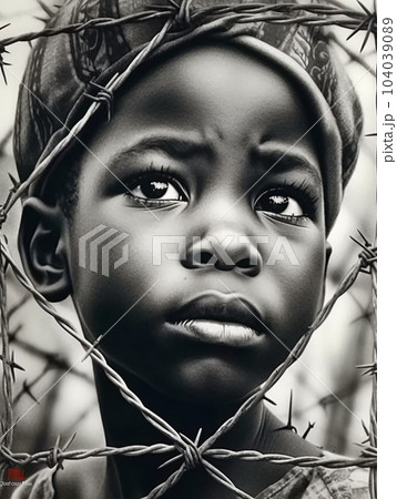 Black and white image of a black boy behind a barbed wire fence. AI generated, AI generative, AI generativ. 104039089