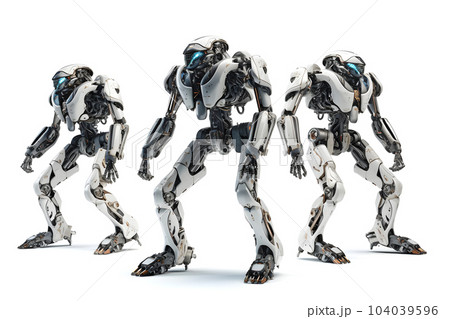 group of three futuristic high-tech humanoid anthropomorphic robots on white background, neural network generated image 104039596