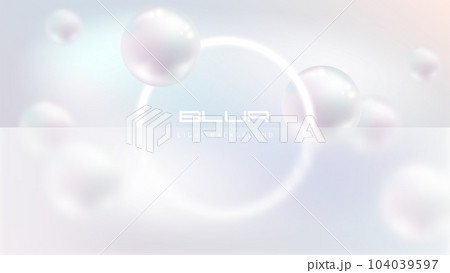 Flying white natural pearl sphere, blur on light pearly background with white glow ring frame. Vector abstract delicate background with frosted glass in glassmorphism style for science or beauty 104039597