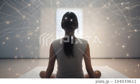 woman sitting in meditative lotus position in front of and surrounded with network of connected flying glowing spots, neural network generated art 104039611