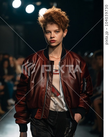 A woman on the catwalk in a burgundy leather jacket in dramatic lighting. AI generated, AI generative, AI generativ. 104039730