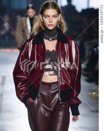 A woman on the catwalk in a burgundy leather jacket in dramatic lighting. AI generated, AI generative, AI generativ. 104039731