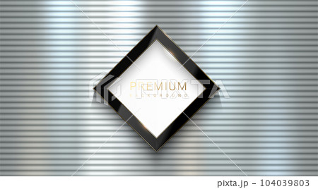Silver shiny metal horizontal straight line background with vector rhombus glossy luxury black and golden edge line logo frame. Stainless steel texture, silver textured pattern background 104039803