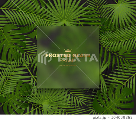 Frosted glass square banner on green summer tropical background with exotic palm leaves and plant. Vector floral design in glassmorphism style 104039865