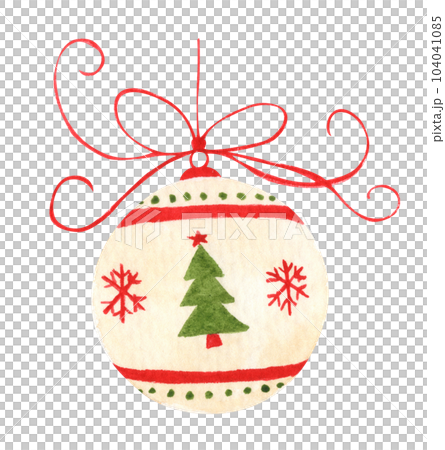 Christmas ball hanging on ribbon. Watercolor Christmas card for invitations, greetings, holidays and decor. 104041085