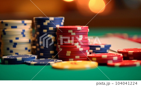 gambling, fortune, game and entertainment concept close up of casino chips on green table surface with blurred background. 104041224