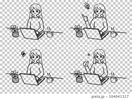 A line drawing illustration set of a woman with straight hair working on a computer A line drawing illustration set of a woman with straight hair working on a computer 104041327