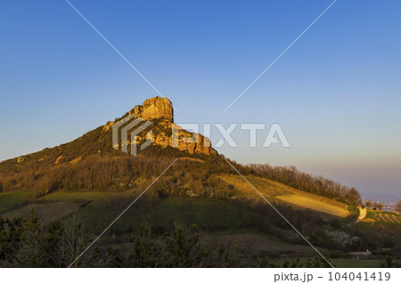 Rock of Solutre with vineyards, Burgundy, Solutre-Pouilly, France 104041419