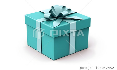 One blue gift box in craft wrapping paper and satin ribbon with bow on white clean flat surface background, neural network generated image 104042452