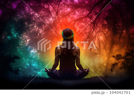Woman meditating with colourful nature energy appearing around, neural network generated image 104042701