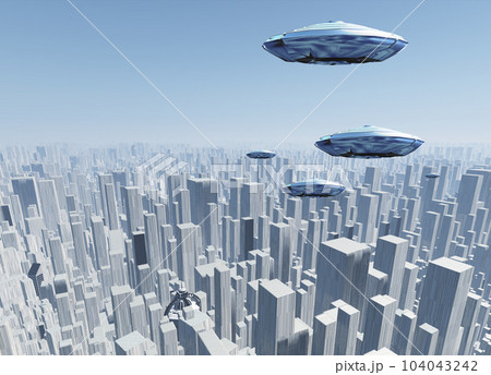 Flying saucers over futuristic megapolis 104043242
