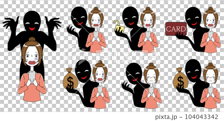 Illustration material set of images such as a woman with a smartphone and a scam of a bad person 104043342