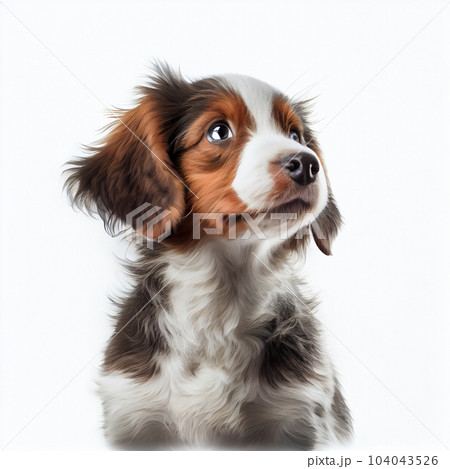 Portrait of a domesticated dog captured in a minimalist studio setting against a white background. Its serene expression and peaceful demeanor will add tranquility to any design. AI Generative. 104043526