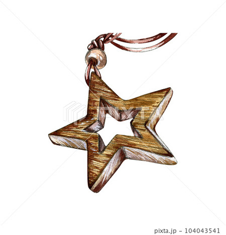 Realistic wooden texture star decoration isolated on white background. Watercolor hand draw illustration. Art for design Realistic wooden texture star decoration isolated on white background. Watercolor hand draw illustration. Art for design 104043541