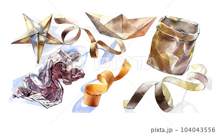 Set realistic paper texture isolated on white background. Watercolor hand drawing detailed illustration. Art for design 104043556