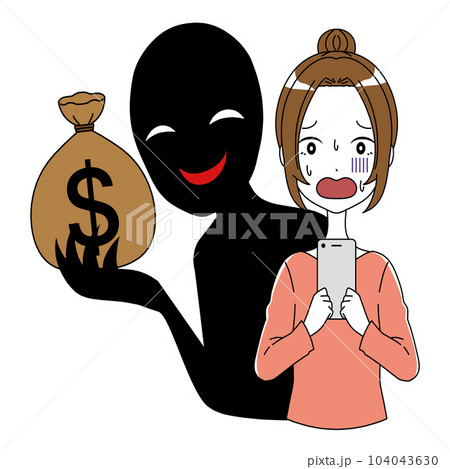 スマホを持つ青ざめる女性とお金を持つ怪しい悪人のイメージのイラスト素材 104043630