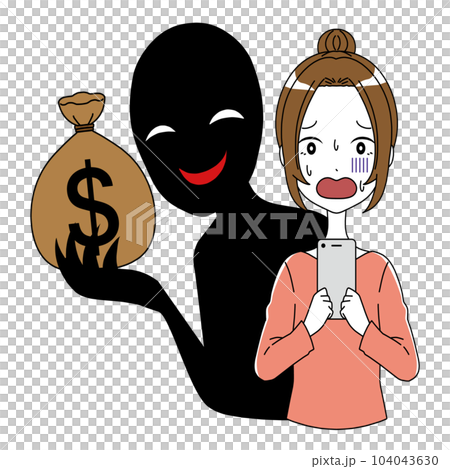 スマホを持つ青ざめる女性とお金を持つ怪しい悪人のイメージのイラスト素材 104043630