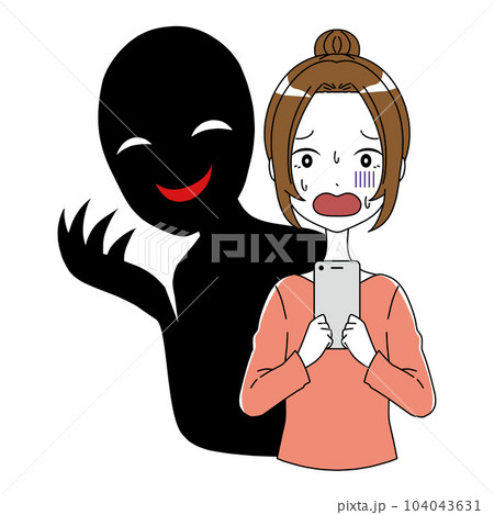スマホを持つ青ざめる女性と悪人のイメージのイラスト素材 104043631
