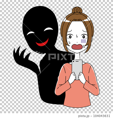 スマホを持つ青ざめる女性と悪人のイメージのイラスト素材 104043631