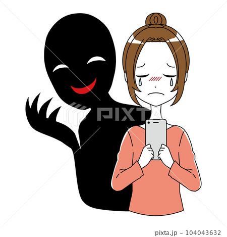 スマホを持つ泣く女性と悪人のイメージのイラスト素材 104043632