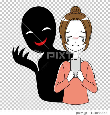スマホを持つ泣く女性と悪人のイメージのイラスト素材 104043632