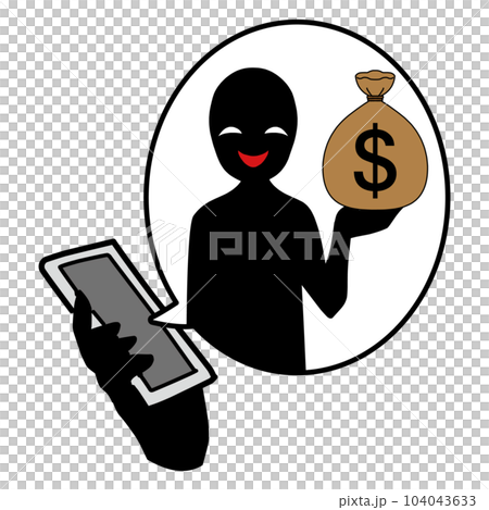 Illustration material of an image of a suspicious villain with a smartphone and money 104043633