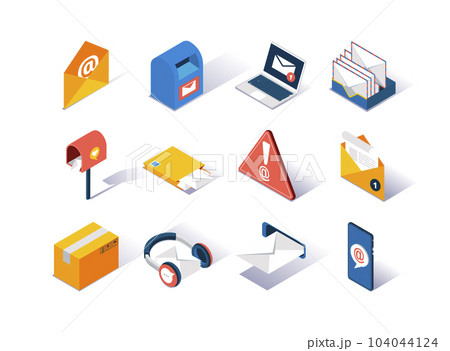 Email service provider isometric icons set. Delivery box, mail envelope, postbox, mobile application for online messaging. Email subscribe, online newsletter and internet marketing 3d vector isometry. 104044124