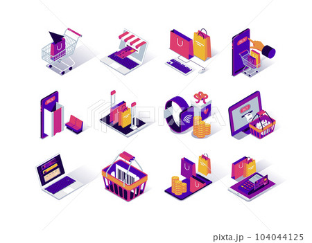 Online shopping isometric icons set. Internet marketplace mobile application. Payment by smartphone, smartwatch and computer. Digital marketing and advertising. Ecommerce platform 3d vector isometry. Online shopping isometric icons set. Internet marketplace mobile application. Payment by smartphone, smartwatch and computer. Digital marketing and advertising. Ecommerce platform 3d vector isometry. 104044125