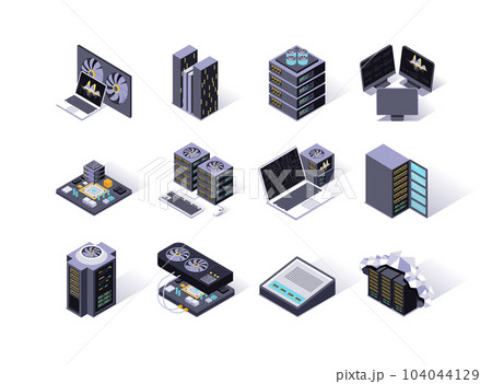 Data center isometric icons set. Servers equipment, mining station, super computer and network routers. Computer technology, cloud network and database platform, hosting service 3d vector isometry. Data center isometric icons set. Servers equipment, mining station, super computer and network routers. Computer technology, cloud network and database platform, hosting service 3d vector isometry. 104044129