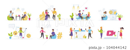 Social media set with people characters in various scenes. People sending emails and photos, making selfie, blogging and content streaming in social media. Bundle of online communication in flat style Social media set with people characters in various scenes. People sending emails and photos, making selfie, blogging and content streaming in social media. Bundle of online communication in flat style 104044142