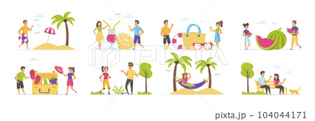 Summer holidays set with people characters in various situations. Happy people relaxing at beach with palms, eating watermelon and ice cream, sunbathing and skateboarding. Bundle of tropical vacation 104044171