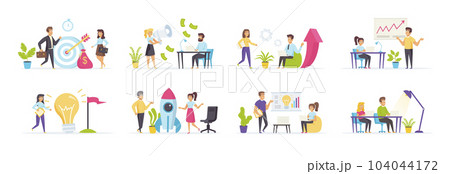 Startup company set with people characters in various scenes and situations. Startup project management and strategy planning with creative team. Bundle of business people teamwork in flat style. 104044172