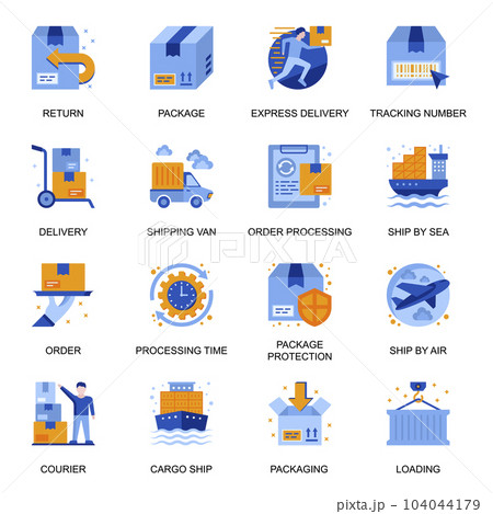 Delivery service icons set in flat style. Order and shipping, tracking number, processing time, return, package protection, ship by air and sea signs. Express delivery pictograms for UX UI design. Delivery service icons set in flat style. Order and shipping, tracking number, processing time, return, package protection, ship by air and sea signs. Express delivery pictograms for UX UI design. 104044179
