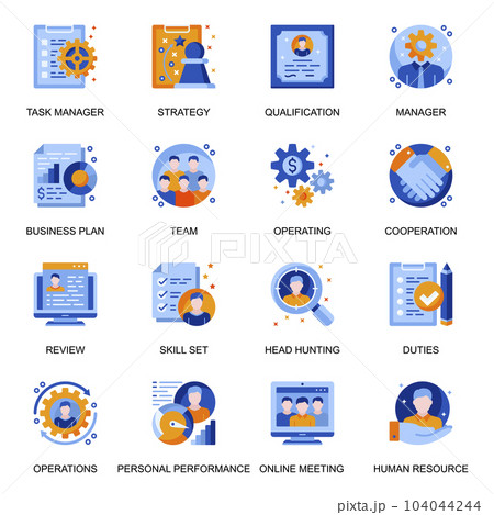 Management icons set in flat style. Headhunting and qualification, online meeting, team cooperation and personal performance signs. Task management and strategy planning pictograms for UX UI design. Management icons set in flat style. Headhunting and qualification, online meeting, team cooperation and personal performance signs. Task management and strategy planning pictograms for UX UI design. 104044244
