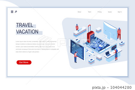Travel and vacation isometric landing page. Web solution for journey planning and organisation, online booking service. Digital technology and devices. Busy people in work situation 3d vector isometry 104044280