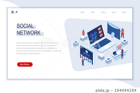 Social network isometric landing page. Internet community communication, social media content sharing, posting message. Digital technology and devices. Busy people in work situation 3d vector isometry 104044284