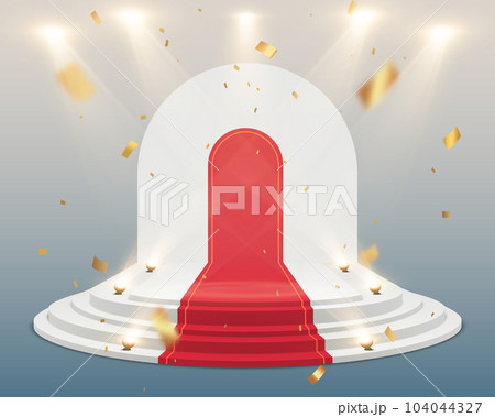 Empty white stage with red carpet and with gold confetti. Winner vector background 104044327