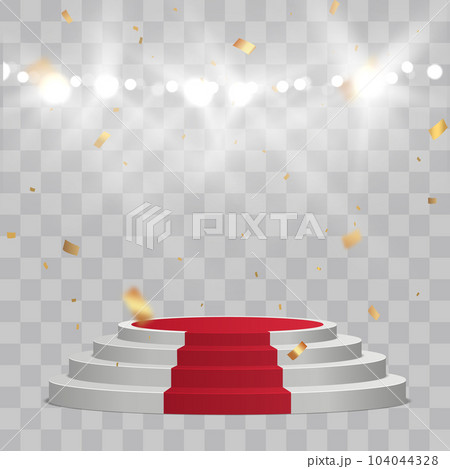 Empty white stage with red carpet and with gold confetti. Winner vector background 104044328