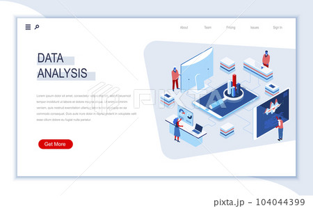 Data analysis isometric landing page. Traffic and signal analysis, filter and optimization, big data and database structuring and visualization. Busy people in work situation 3d vector isometry. 104044399