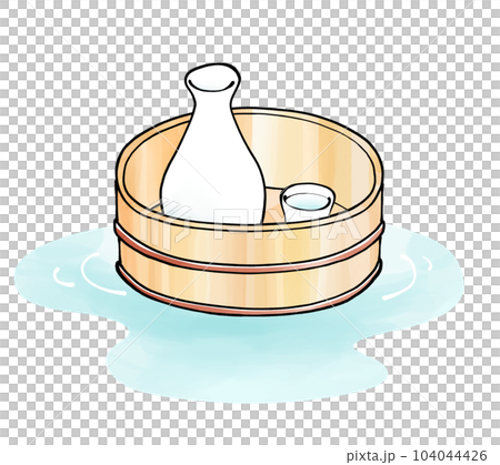 Illustration of sake floating in a watercolor style hot spring Illustration of sake floating in a watercolor style hot spring 104044426