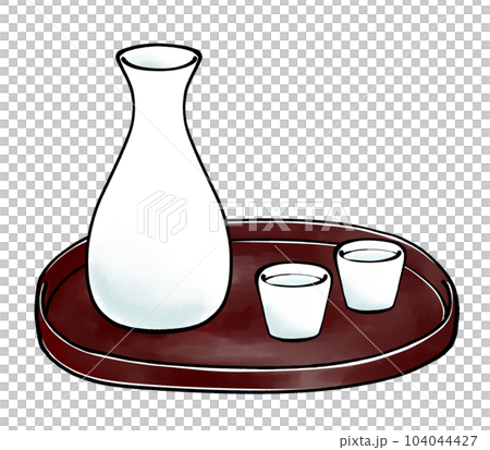 Illustration of a sake bottle and sake cup placed on a tray in a watercolor style Illustration of a sake bottle and sake cup placed on a tray in a watercolor style 104044427