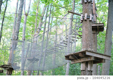 Rope park on trees close-up. The concept of sports and recreation Rope park on trees close-up. The concept of sports and recreation 104045216