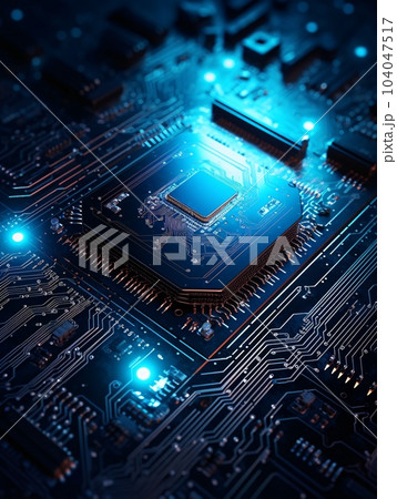 Computer board with central processing unit and blue lights digital art. AI generated, AI generative, AI generativ. 104047517