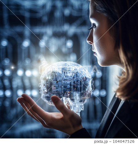 A man holds in his hands a levitation hanging hologram of an artificial brain. AI generated, AI generative, AI generativ. 104047526