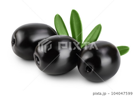Black olives with leaves isolated on a white background with full depth of field. Black olives with leaves isolated on a white background with full depth of field. 104047599
