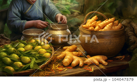 Drawing with ginger and fruit in Asian market, vintage style, still life 104047879