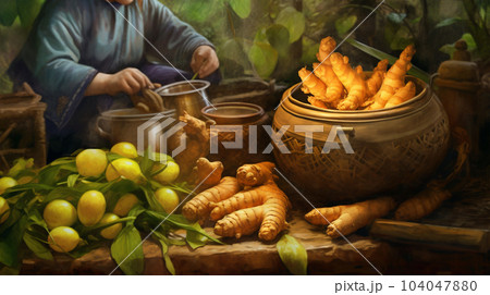 Drawing with ginger and fruit in Asian market, vintage style, still life 104047880